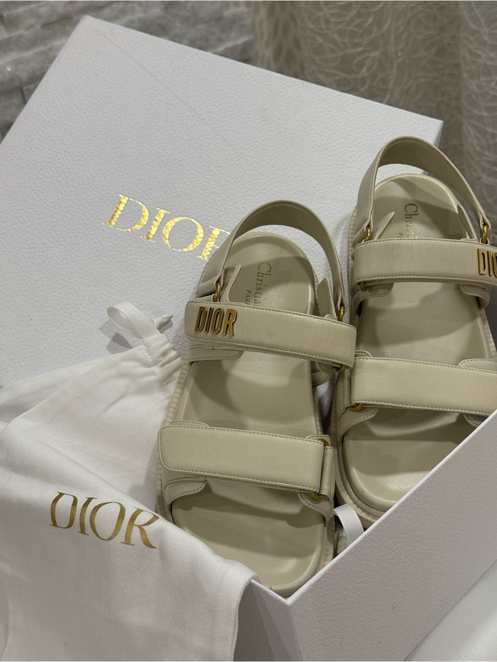 Dior Cream Leather Strap Platform Sandals with Gold Hardware - Picture 6 of 7